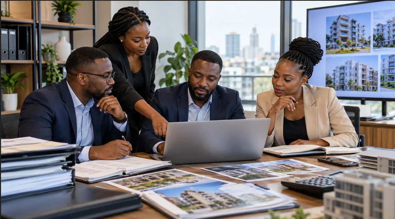 Property management team reviewing rental records and building plans