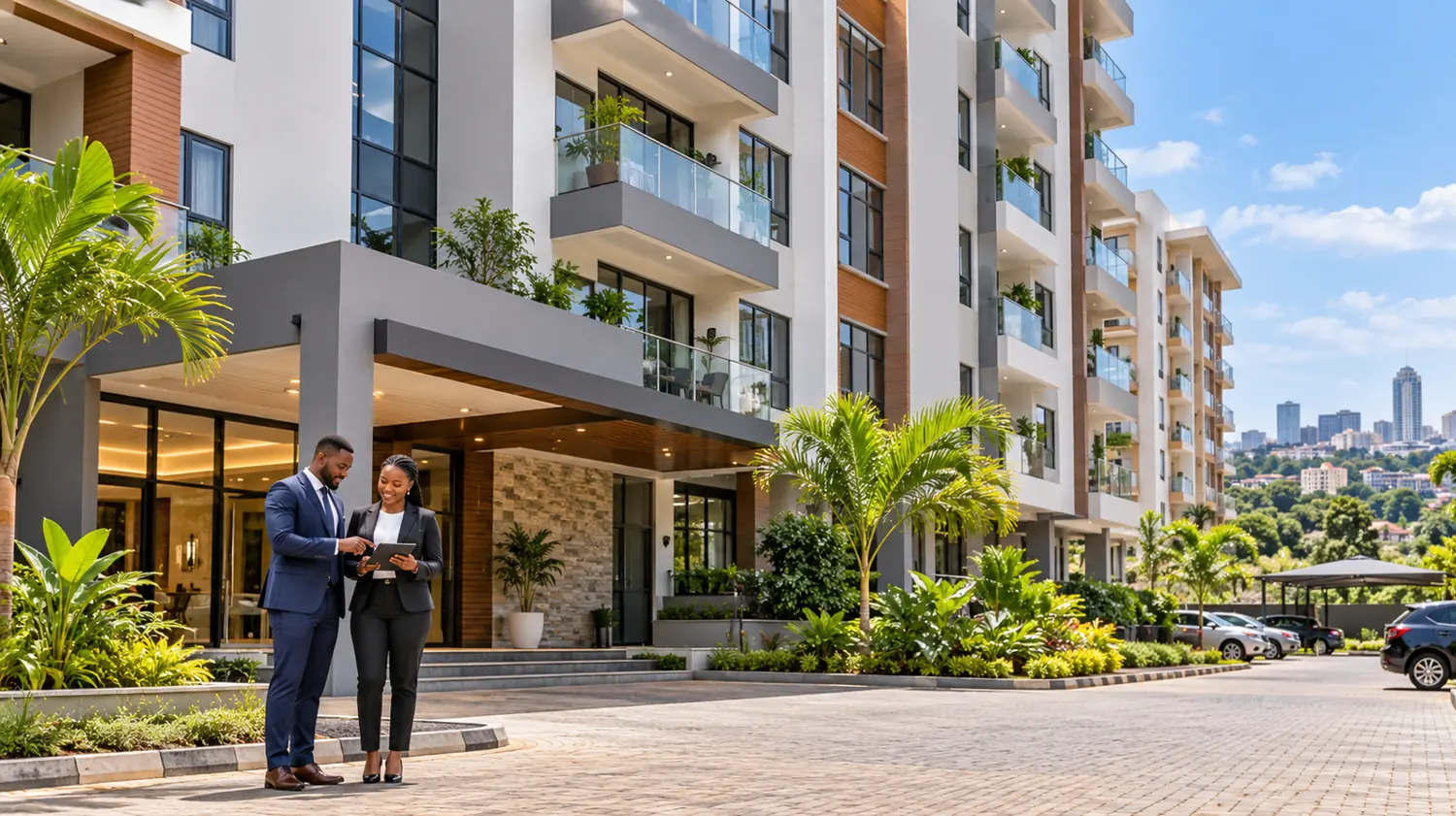 Apartment building with property managers outside